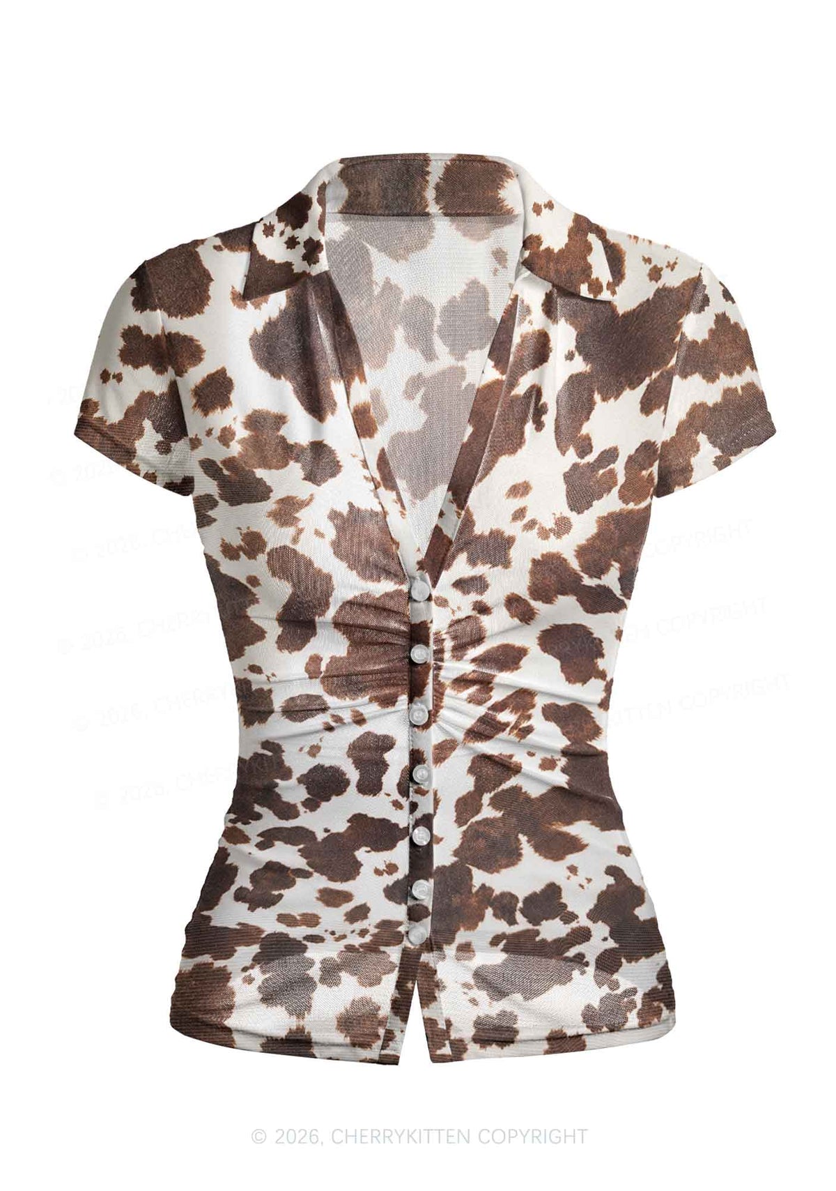 Brown And White Cow Dots Y2K Mesh Ruched Waist V Neck Top Cherrykitten