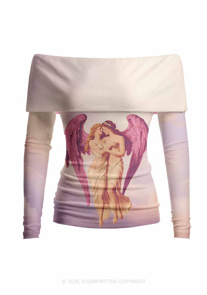 Angel Lesbians Pride Y2K Off Shoulder Fold Over Knit Top Cherrykitten