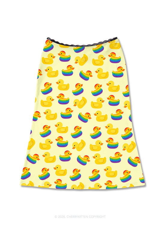 Rainbow Ducks Pride Y2K Print Midi Skirt Cherrykitten