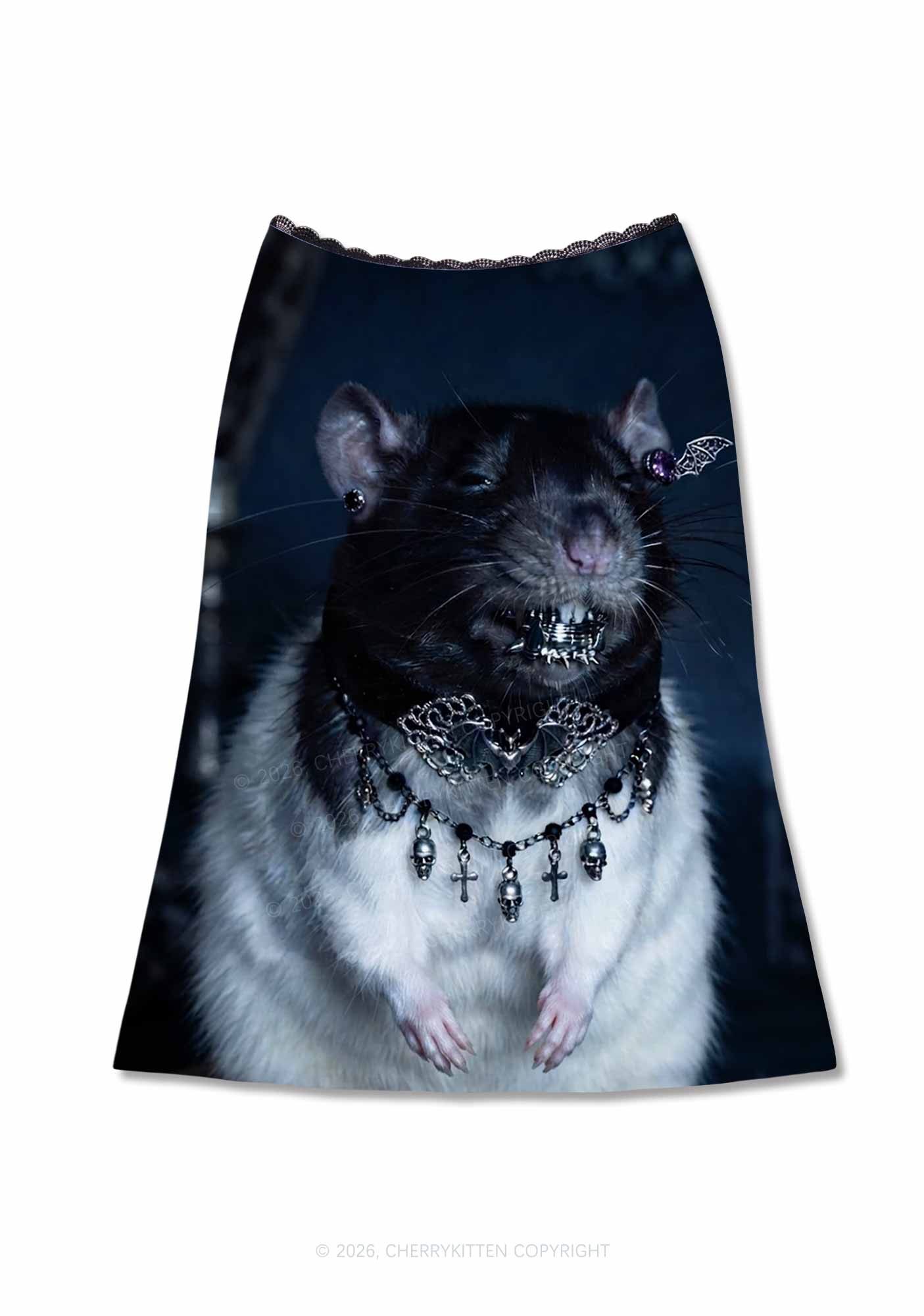 Gothic Jewelry Rat Y2K Print Midi Skirt Cherrykitten