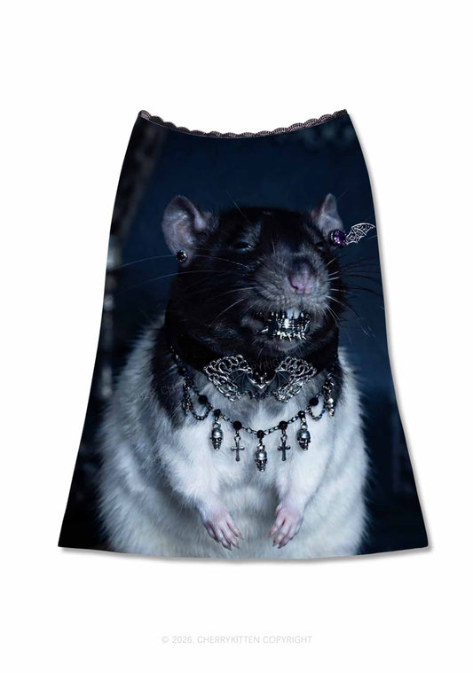 Gothic Jewelry Rat Y2K Print Midi Skirt Cherrykitten