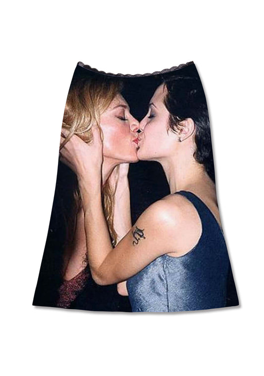 Girl Kissing Pride Angelina Y2K Print Midi Skirt Cherrykitten