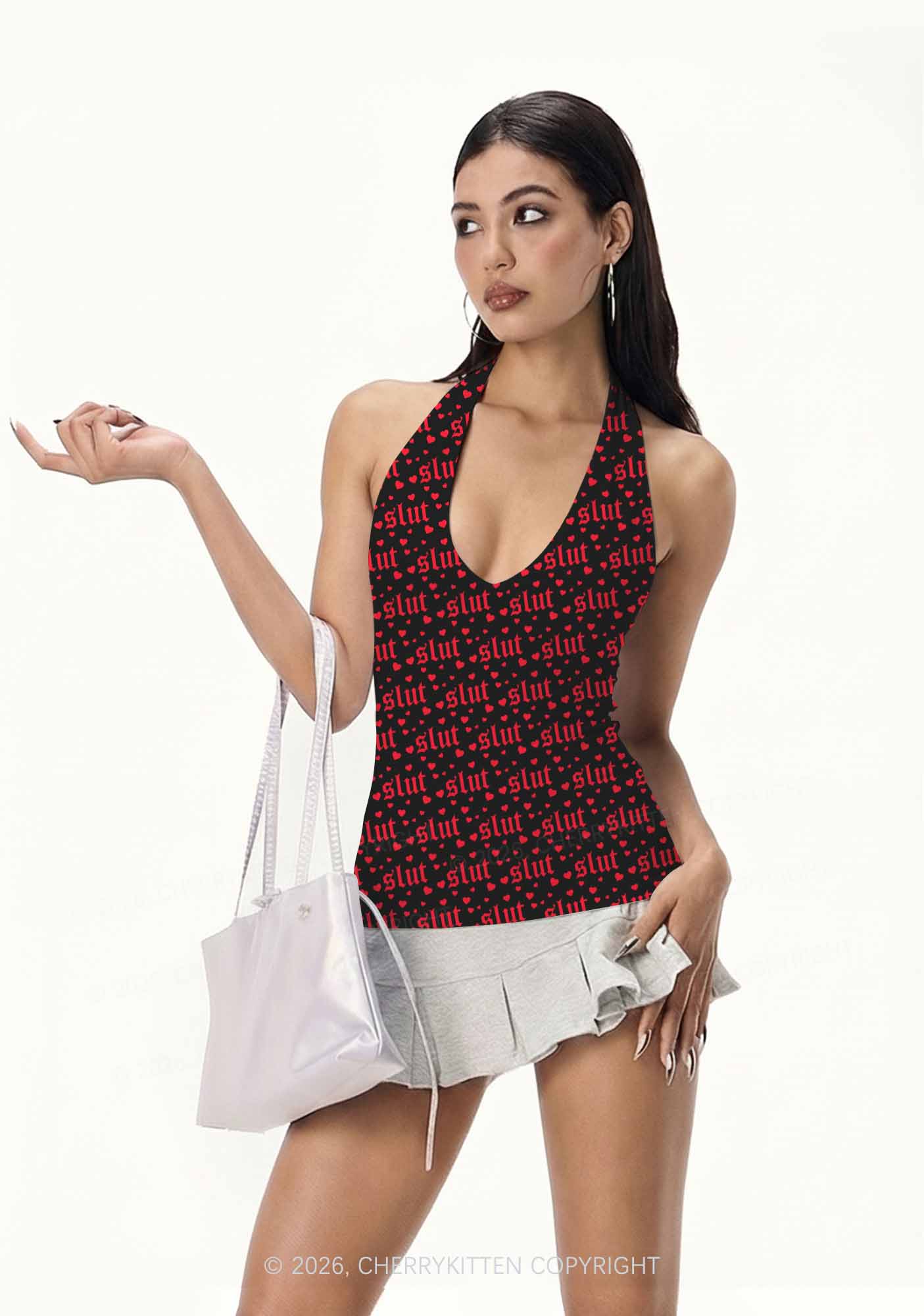 Black Slxt Y2K Print Halter Deep V Neck Cami Cherrykitten