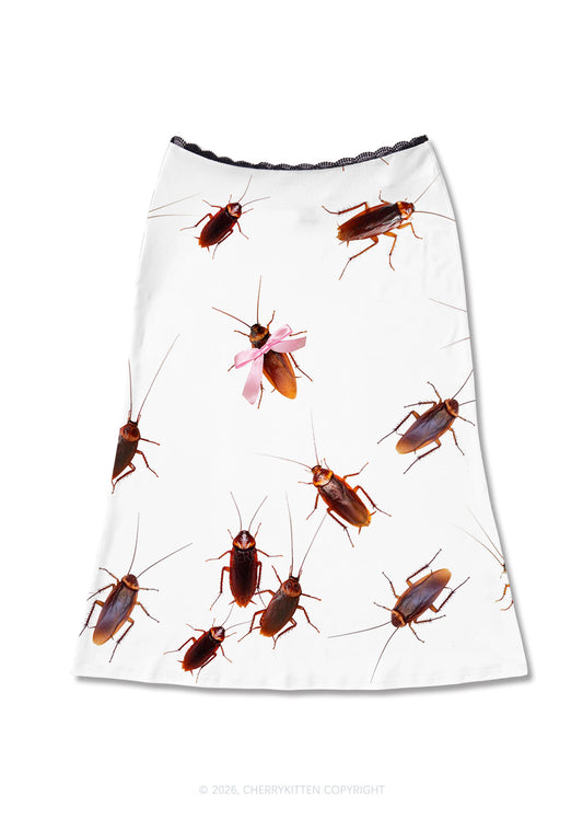Pink Bow Cockroach Y2K Print Midi Skirt Cherrykitten
