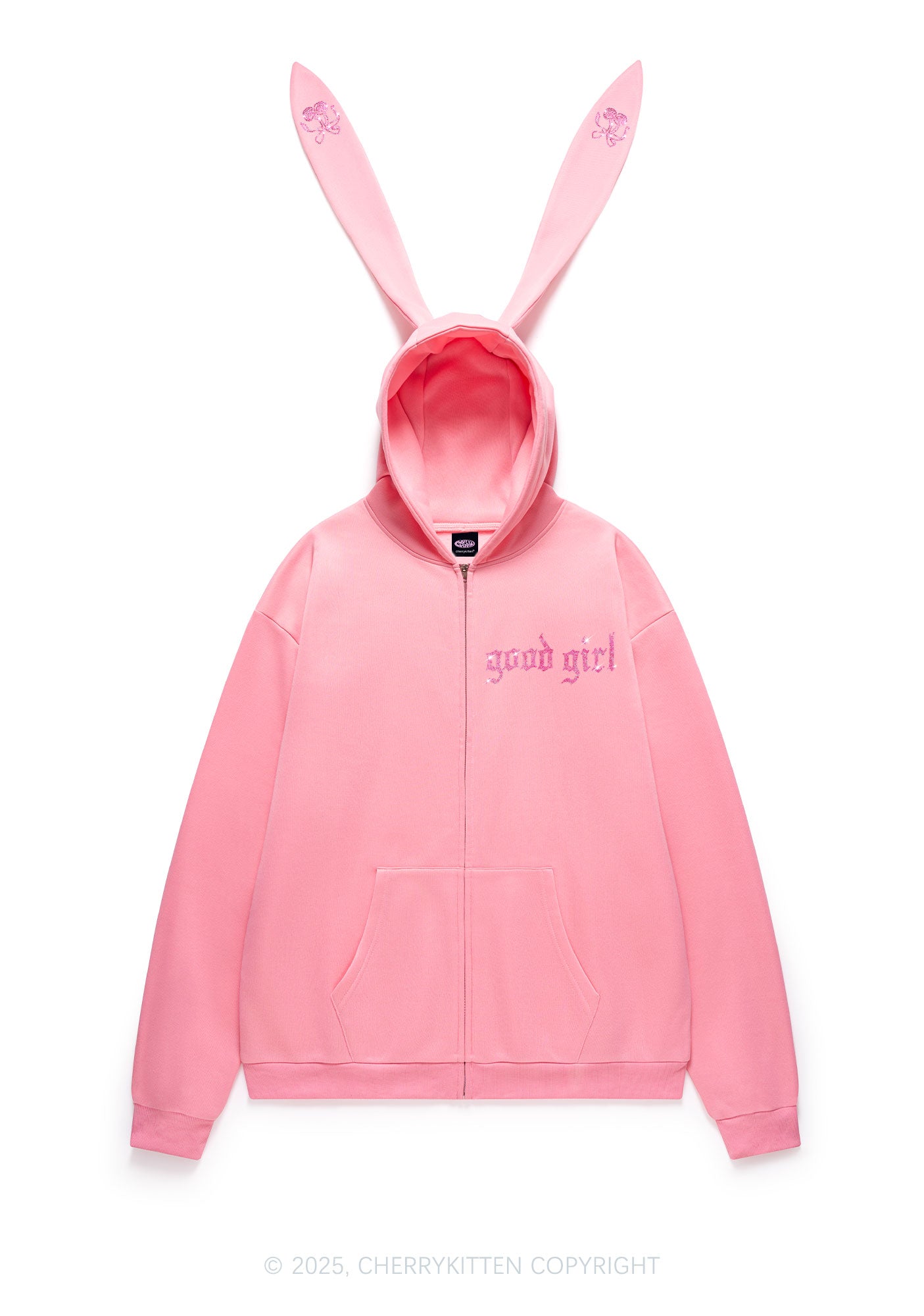 Rhinestone Good Girl Y2K Bunny Ear Zip Hoodie Cherrykitten