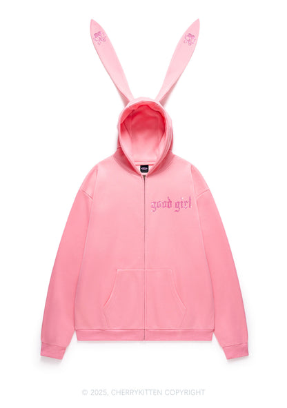 Rhinestone Good Girl Y2K Bunny Ear Zip Hoodie Cherrykitten