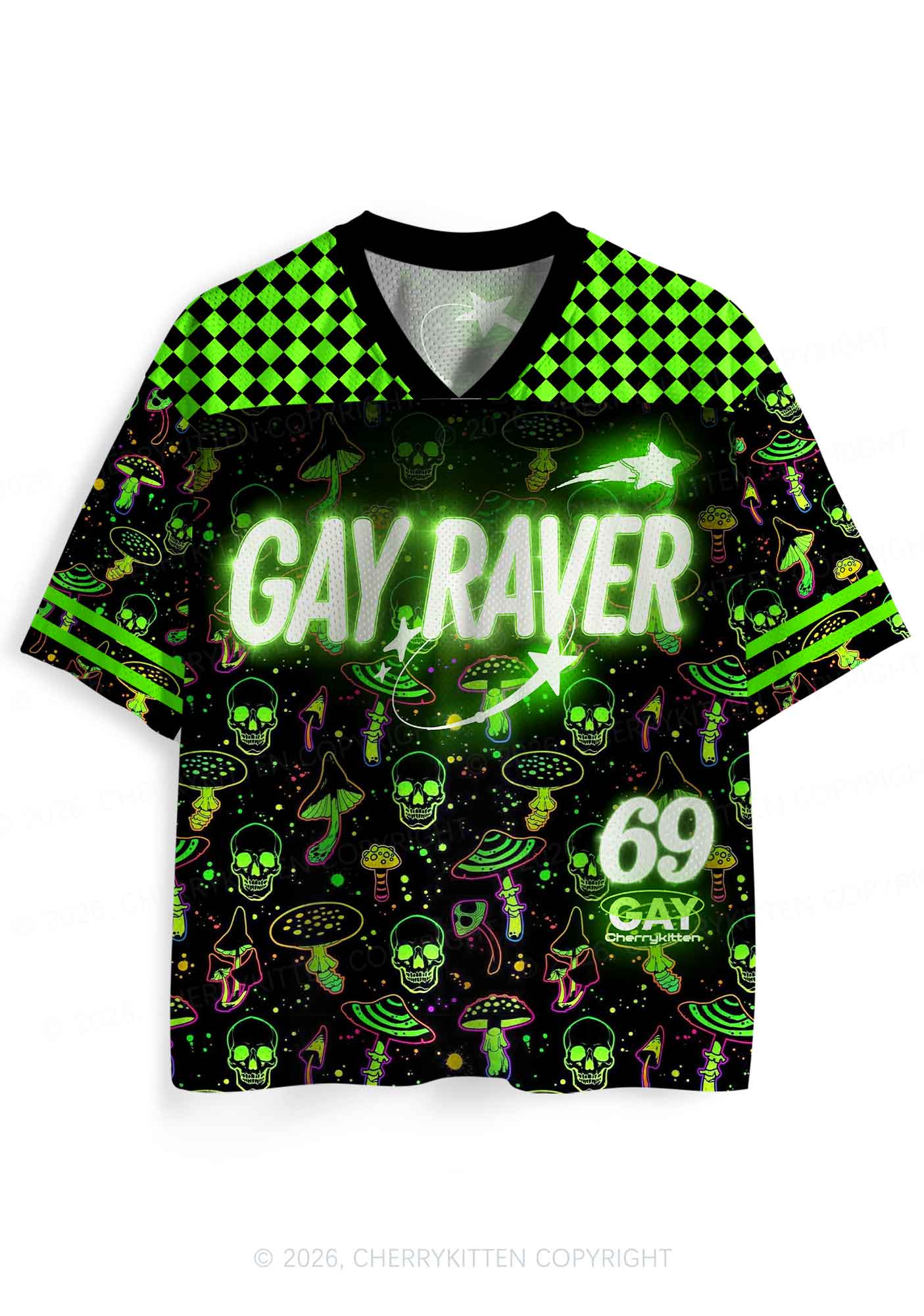 Neon Mushroom Skull Gay Raver Y2K Sport Jersey Shirts Cherrykitten