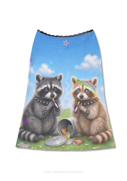 Two Punk Raccoons Smoking Y2K Print Midi Skirt Cherrykitten