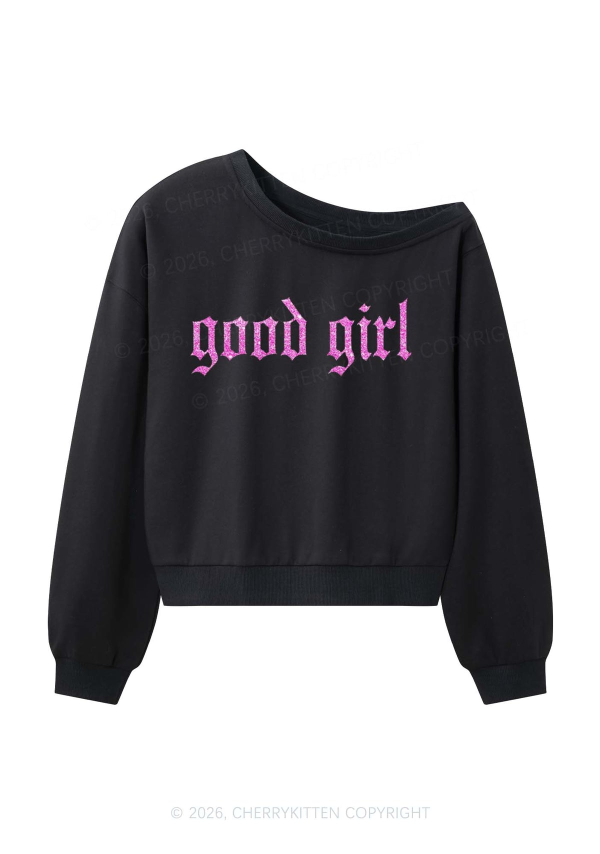 Glitter Good Girl Y2K Off Shoulder Sweatshirts Cherrykitten