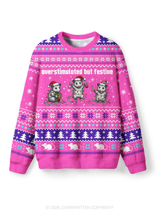 Overstimulated But Festive Christmas Opossum Y2K Knit Sweatshirt Cherrykitten