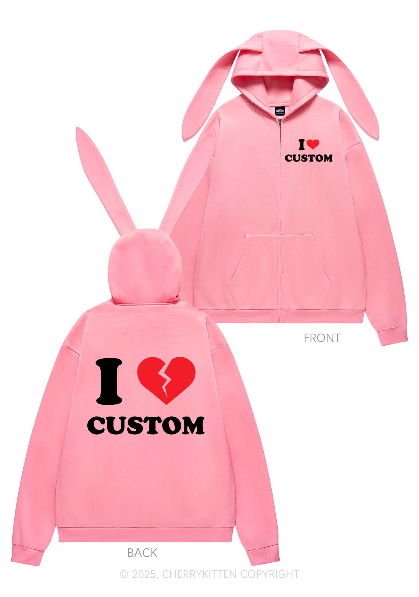 I Broken Love Custom Personalized Y2K Bunny Ear Zip Hoodie Cherrykitten