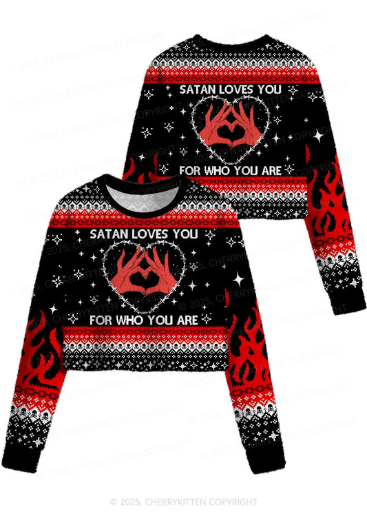 Halloween Satan Loves You Heart Y2K Christmas Crop Knit Sweatshirt Cherrykitten