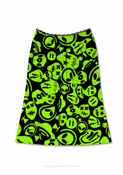 Green Alien Doodle Y2K Print Midi Skirt Cherrykitten