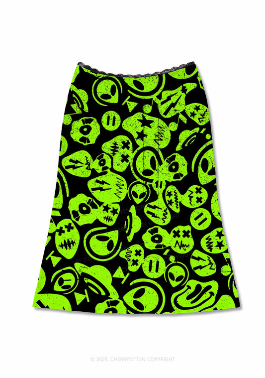 Green Alien Doodle Y2K Print Midi Skirt Cherrykitten