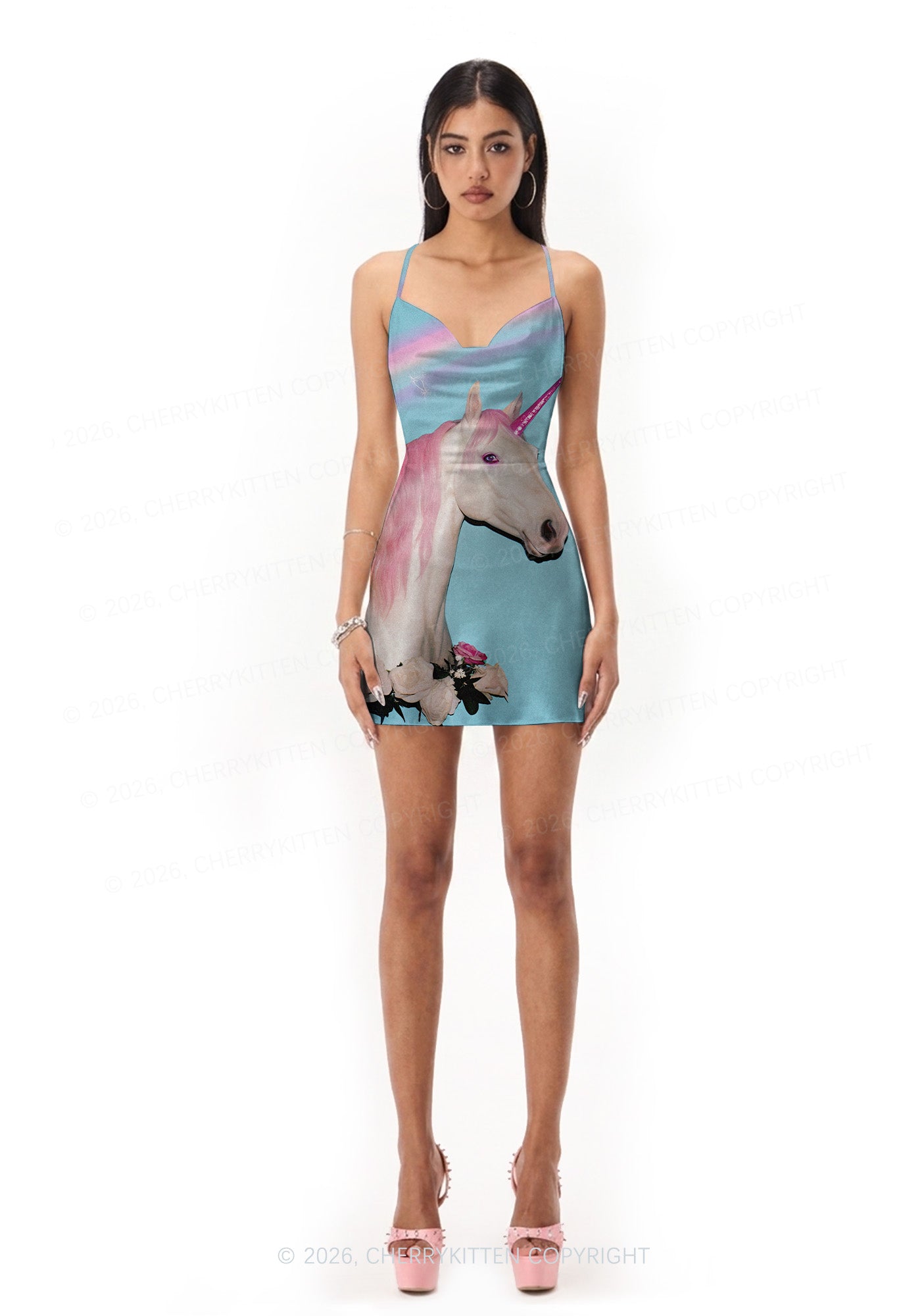 Colorful Unicorn Y2K Print Satin Cowl Neck Slip Dress Cherrykitten