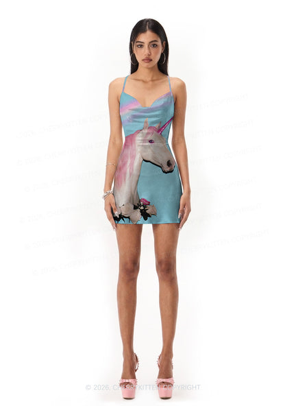 Colorful Unicorn Y2K Print Satin Cowl Neck Slip Dress Cherrykitten