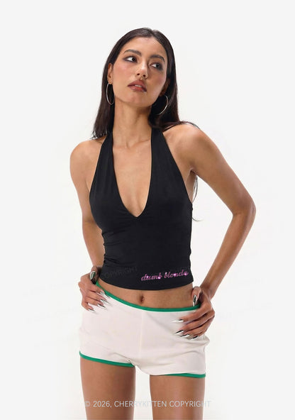 Rhinestone Pink Dumb Blonde Y2K Halter Deep V Neck Cami Cherrykitten