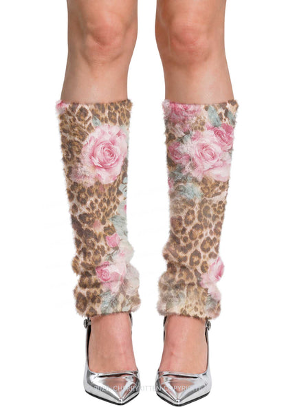 Pink Rose Leopard Y2K Print Fuzzy Straight Leg Warmers Cherrykitten