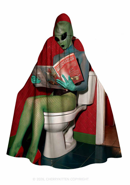 Halloween Alien On Toilet Y2K Print Hooded Cloak Cherrykitten