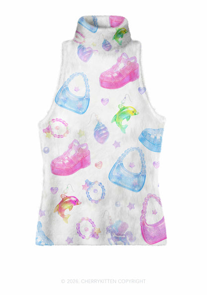 White Jelly Charms Y2K Knit Turtleneck Tank Top Cherrykitten