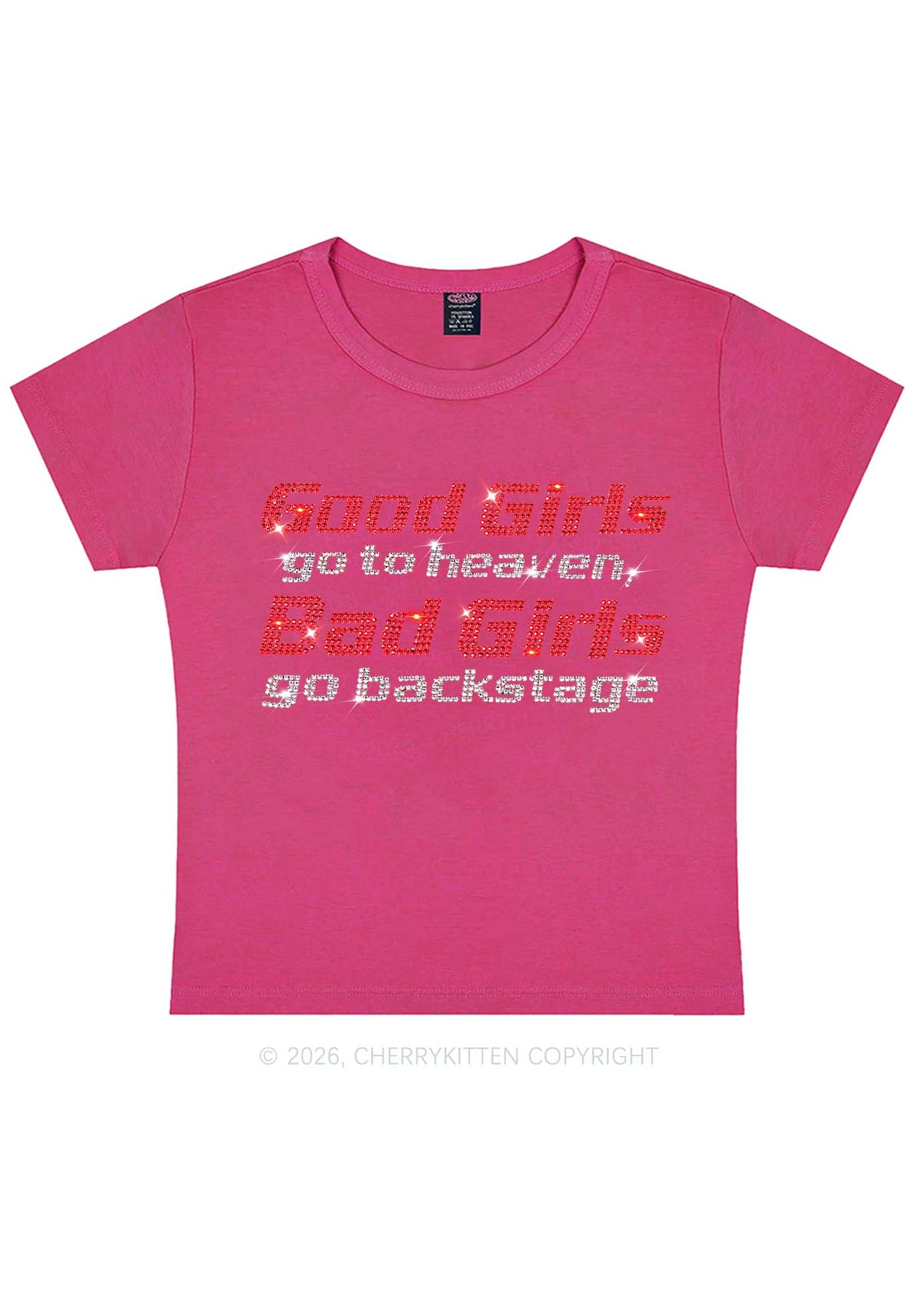 Rhinestone Bad Girls Go Backstage Y2K Baby Tee Cherrykitten