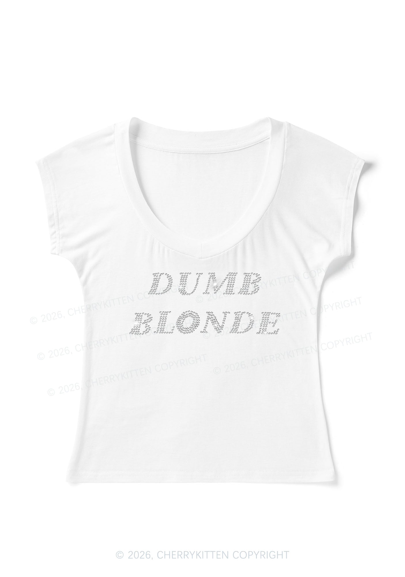 Rhinestone Dumb Blonde Y2K V Neck T Shirts Cherrykitten