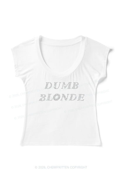 Rhinestone Dumb Blonde Y2K V Neck T Shirts Cherrykitten