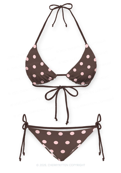 Pink Dots On Brown Y2K Print Bikini Set Cherrykitten