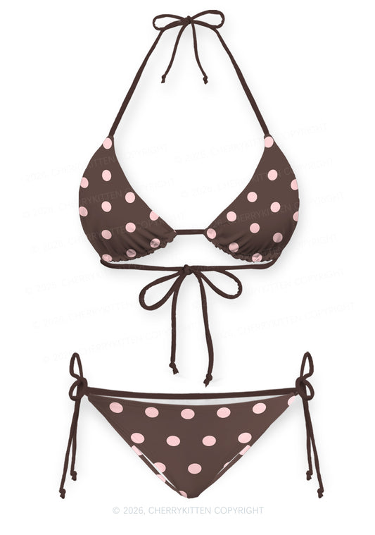 Pink Dots On Brown Y2K Print Bikini Set Cherrykitten