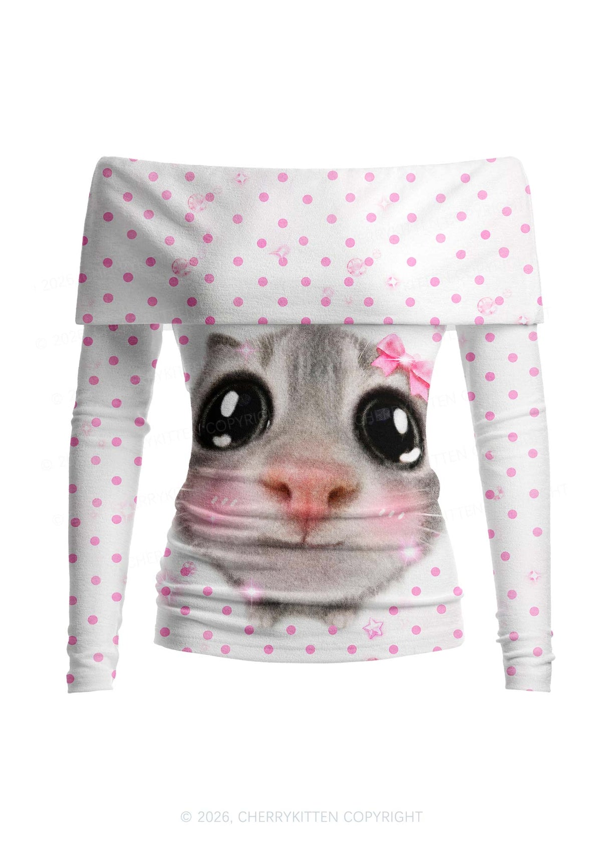 Pink Dots Bow Cat Y2K Off Shoulder Fold Over Knit Top Cherrykitten