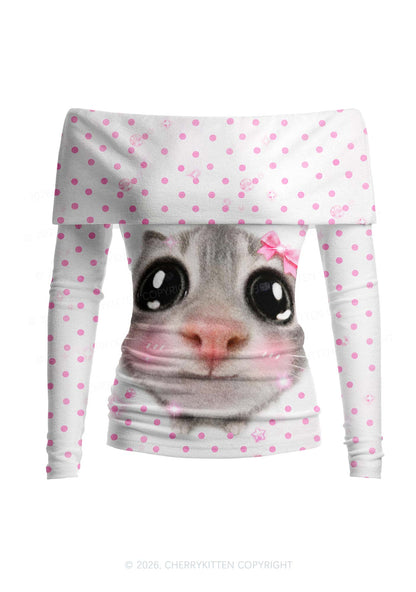 Pink Dots Bow Cat Y2K Off Shoulder Fold Over Knit Top Cherrykitten