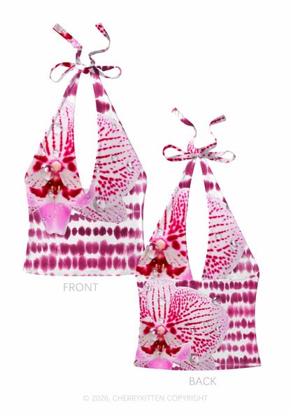 Pink Orchid Dewdrops Y2K Print Halter Deep V Neck Cami Cherrykitten
