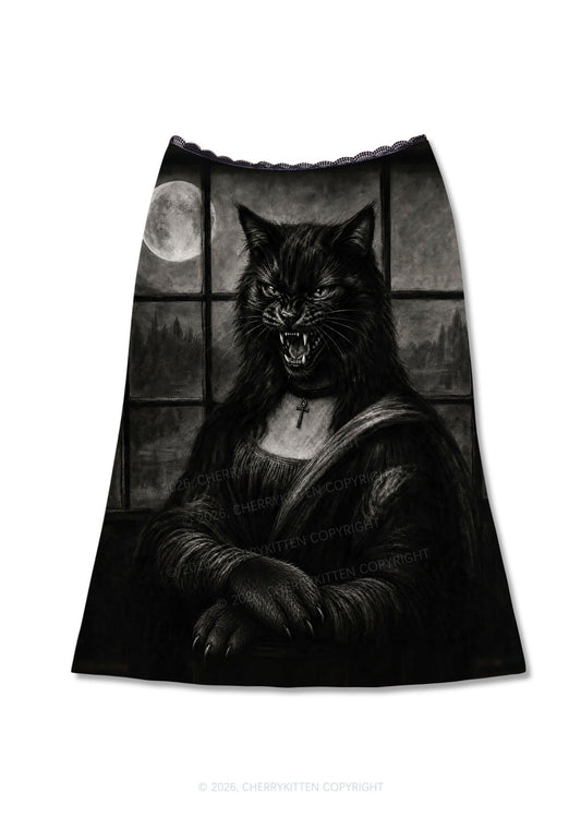 Halloween Moon Night Werewolf Y2K Print Midi Skirt Cherrykitten