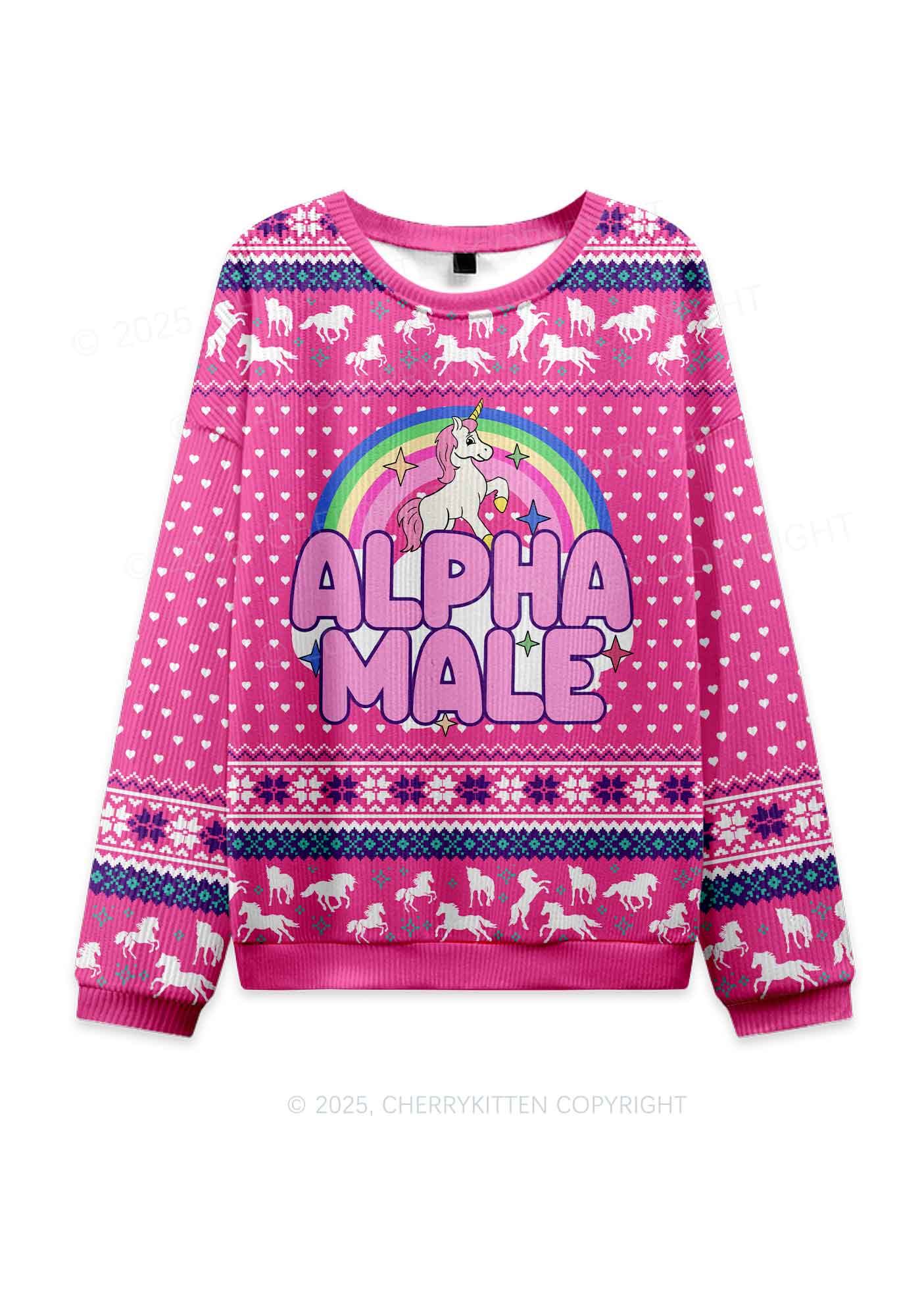 Rainbow Unicorn Alpha Male Y2K Christmas Knit Sweatshirt Cherrykitten