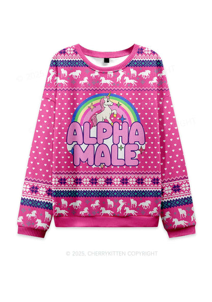 Rainbow Unicorn Alpha Male Y2K Christmas Knit Sweatshirt Cherrykitten