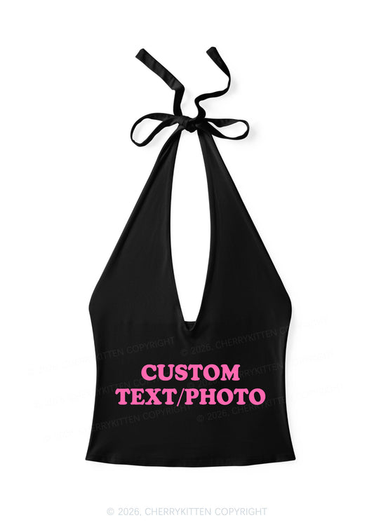 Custom Personalized Text Y2K Halter Deep V Neck Cami Cherrykitten