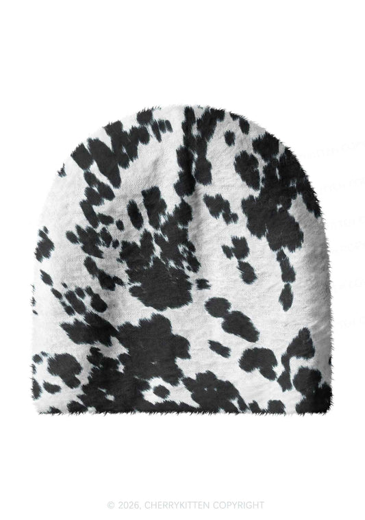 Black And White Cow Dots Y2K Print Knit Beanie Cherrykitten