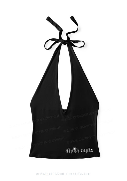 Rhinestone Mini Alpha Male Y2K Halter Deep V Neck Cami Cherrykitten