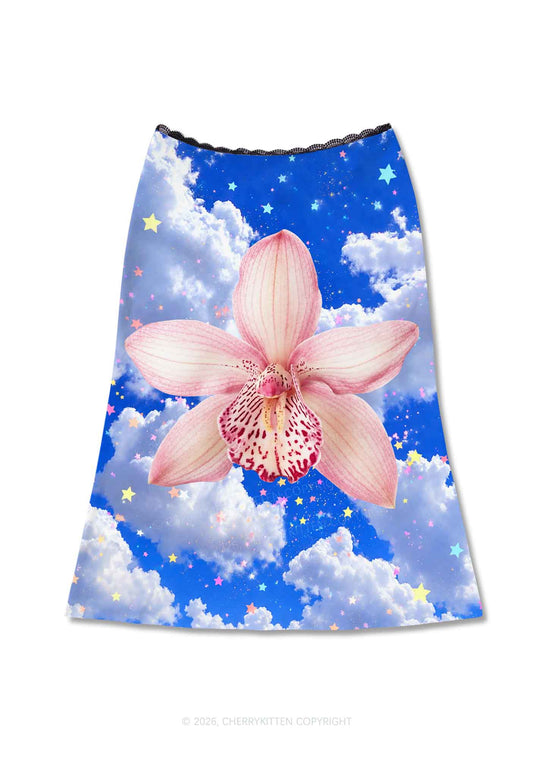 Pink Orchid Blue Sky Y2K Print Midi Skirt Cherrykitten