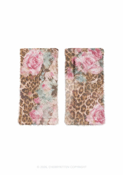 Pink Rose Leopard Y2K Print Fuzzy Arm Warmers Cherrykitten