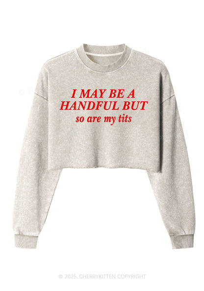 I May Be A Handful Y2K Crop Washed Sweatshirts Cherrykitten