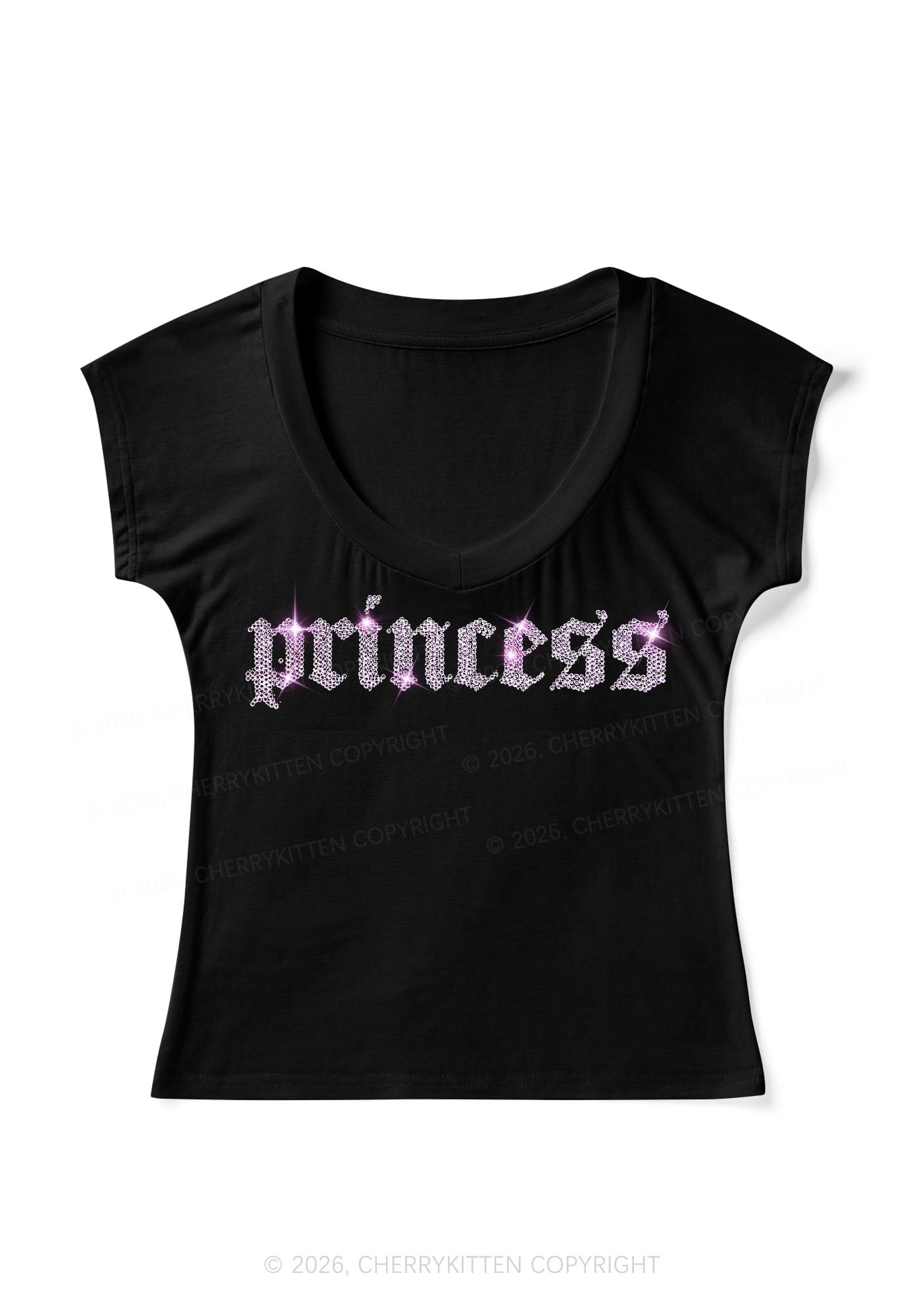 Rhinestone Princess Y2K V Neck T Shirts Cherrykitten