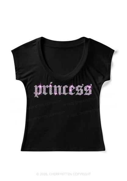 Rhinestone Princess Y2K V Neck T Shirts Cherrykitten