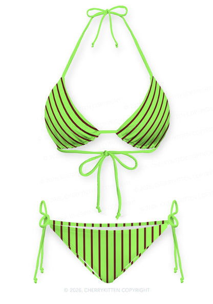 Green Brown Stripes Y2K Print Bikini Set Cherrykitten