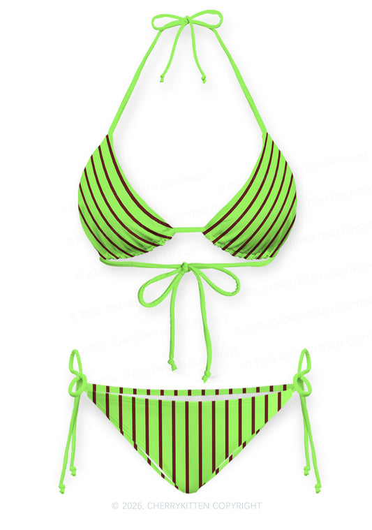 Green Brown Stripes Y2K Print Bikini Set Cherrykitten