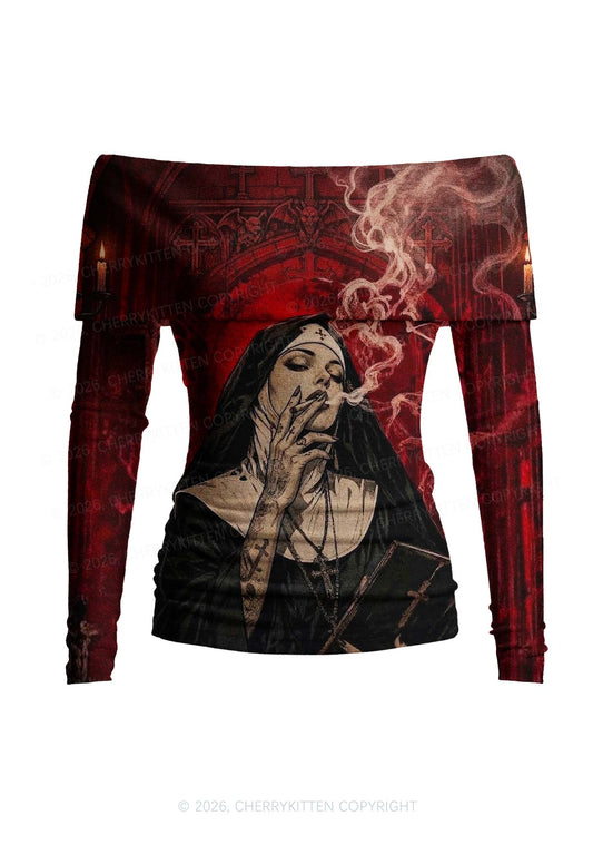 Gothic Tattoos Nun Y2K Off Shoulder Fold Over Knit Top Cherrykitten