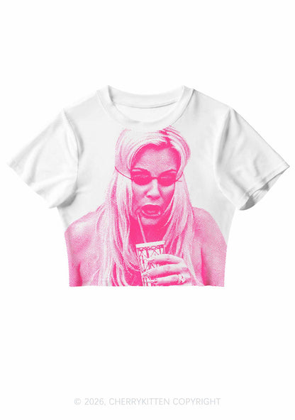 Pink Pixel JC On White Y2K Mesh Crop Top Cherrykitten