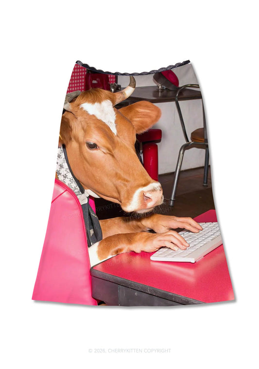 Cow Typing Keyboard Y2K Print Midi Skirt Cherrykitten