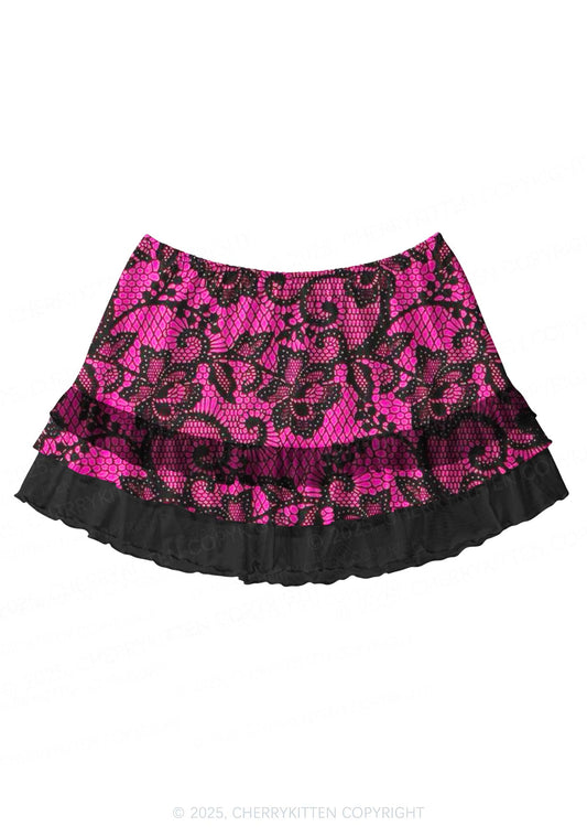 Pink Lace Flowers Y2K Print Mini Layered Skirt Cherrykitten
