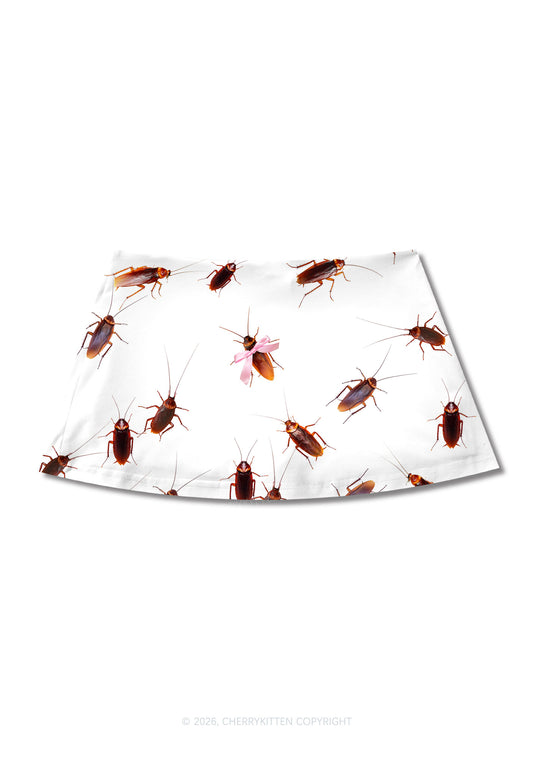 Pink Bow Cockroach Y2K Print Mini Skirt Cherrykitten